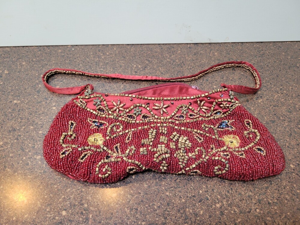 Womens Embellished Beaded Clutch Handbag Burgundy Viscose Shoulder Strap Zipper